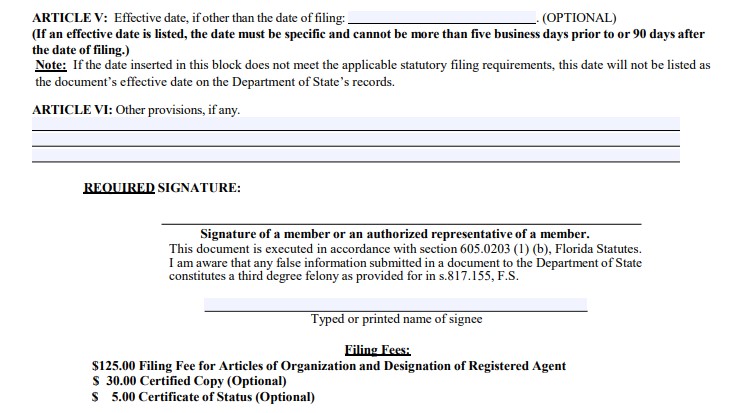 Floriad LLC effective date & provision