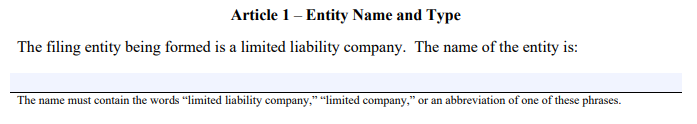 Texas Certificate of Formation Article 1