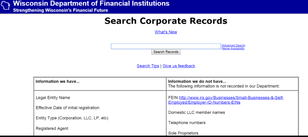Wisconsin entity search
