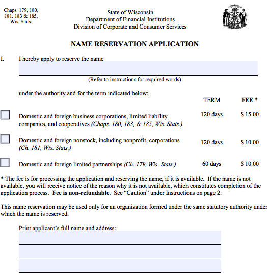 name reservation Wisconsin