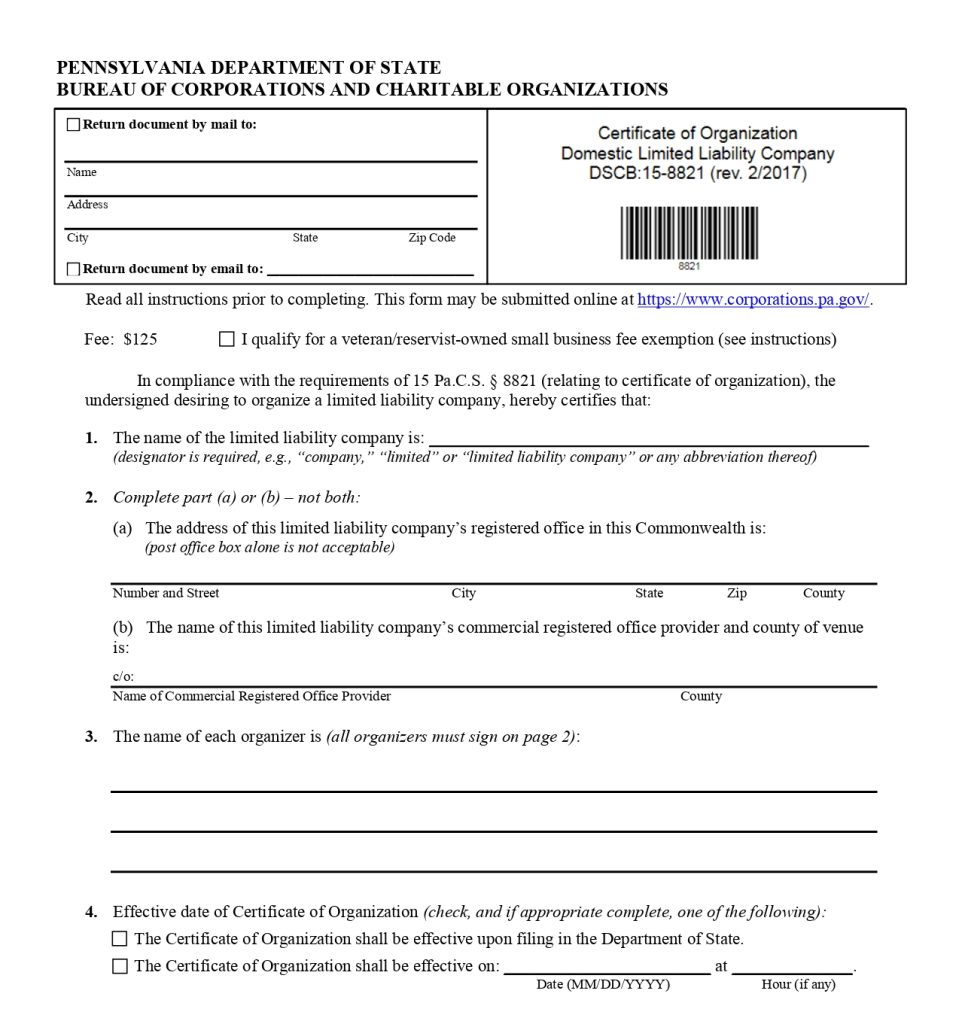 Pennsylvania articles of organization